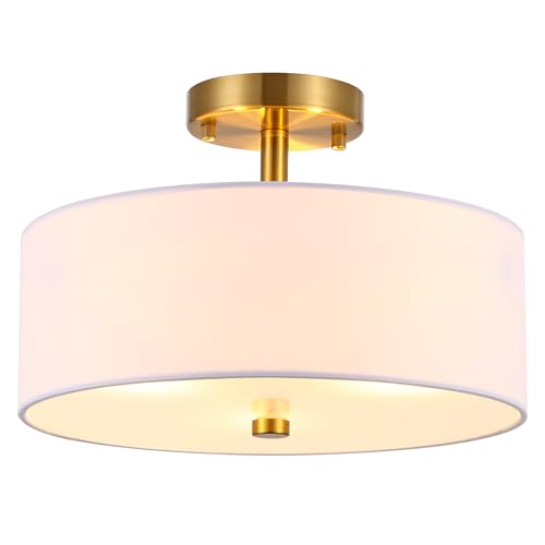 Ludil 3-Light Semi Flush Mount Ceiling Light Fixture, 13" Gold Drum Light Fixture, Modern Close to Ceiling Light with White Fabric Shade Lamps for Bedroom Living Room Kitchen Hallway Entryway