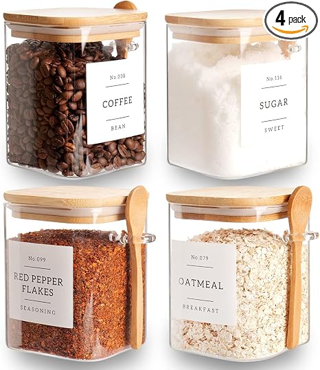 Set of 4 Square Glass Jar with Bamboo Lids and Spoons Airtight 27 oz Borosilicate Glass Food Storage Contaienrs with 132 Kitchen Pantry Labels for Coffee, Tea, Sugar