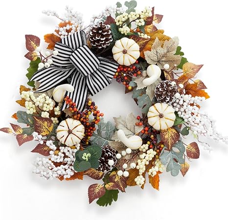 Fall Wreath for Front Door, 20" Autumn Pumpkin Wreath with Leaves Pine Cones Bow for Outdoor Porch Decor Farmhouse Thanksgiving Harvest Home Decorations