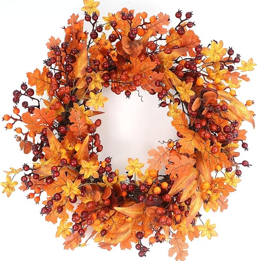 24 Fall Wreath - Artificial Fall Wreaths for Front Door with Maple Leaves, Berries for Outside Indoor Wall Window Festival Thanksgiving Autumn Wreaths Decor