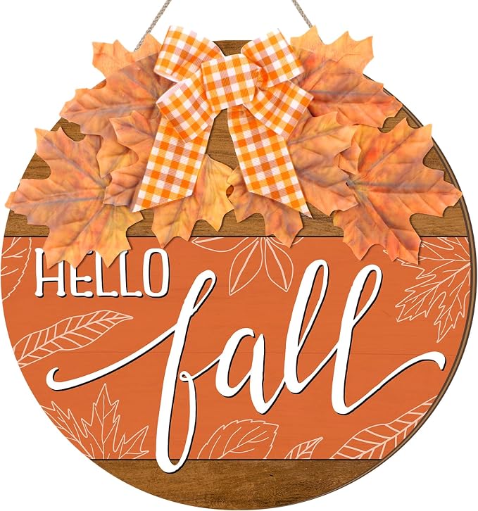 Hello Fall Sign for Front Door Thanksgiving Wooden Hanging Sign Fall Wreaths Maple Leaves Welcome Sign with Bow Welcome Sign Farmhouse Fall Sign for Home Autumn Harvest Front Porch Decor