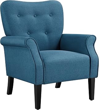 Yaheetech Modern Armchair, Mid Century Accent Chair with Sturdy Wood Legs and High Back for Small Space, Upholstered Fabric Sofa Club Chair for Living Room/Bedroom/Office, Navy Blue
