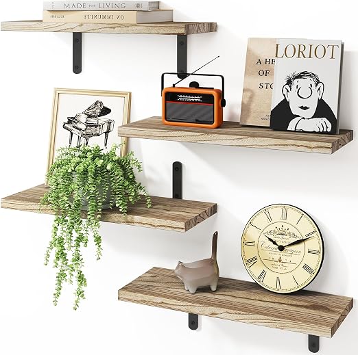 Fixwal Wall Floating Shelves for Room Decor, 4 Sets Floating Shelves for Wall Storage, Wood Wall Mounted Shelf for Bedroom Decor, Bathroom Storage, Book Shelf for Wall-Rustic Brown