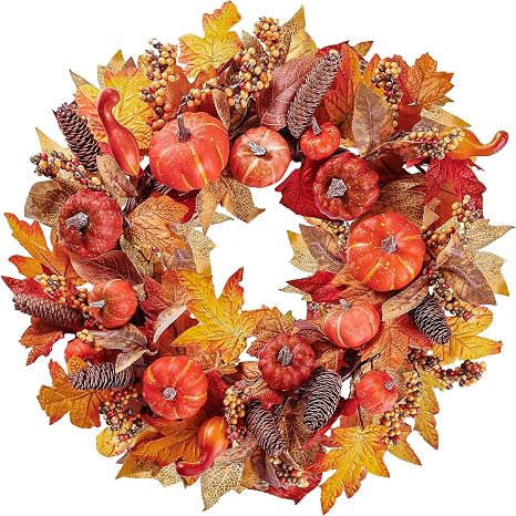 Sggvecsy Artificial Fall Wreath 18 Autumn Front Door Wreath Harvest Wreath with Various Pumpkin Cluster of Berries Maple Leaves Pine Cones for Outside Indoor Wall Thanksgiving Fall Autumn Decor