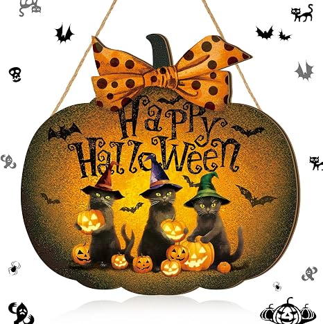 Huwena Halloween Welcome Door Sign Hanging Sign Wood Vintage Rustic Door Hanger Decor Halloween Horror Pattern Welcome Front Door Sign Wall Decoration for Indoor Outdoor Party (Black Cat Style)