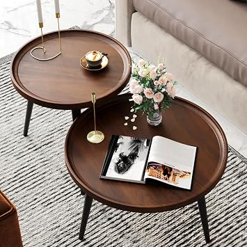 2-Piece Modern Round Coffee Table Set for Living Room,Easy Assembly Nesting Coffee Tables,Walnut Color Circle End Side Tables for Bedroom Office Balcony Yard