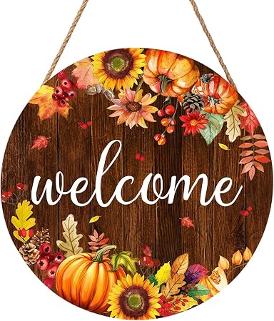 Fall Pumpkin Sunflower Front Door Sign 12"x12" Welcome Fall Door Hanger Autumn Thanksgiving Sign Farmhouse Fall Decorations Hanging Porch Sign Rustic Autumn Outdoor Plaques Wall Art Sign for...