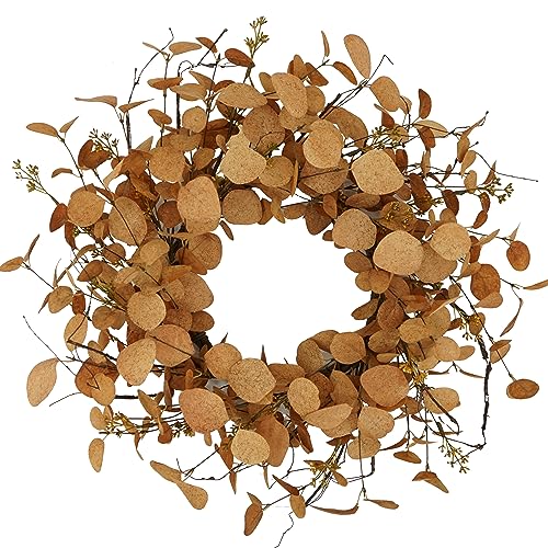 20 inch Artificial Fall Eucalyptus Wreath for Front Door with Orange Eucalyptus Leaves,Dry Vine Branches,Seed Branches for Front Door Indoor Outdoor Farmhouse Home Wall Window Festival Decor