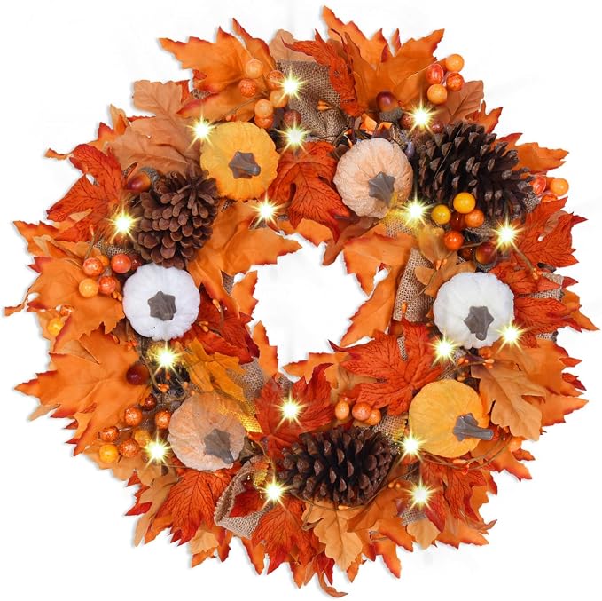 Rocinha Fall Wreaths Decorations Autumn Wreath Maples Leaf Pumpkin Pine Cone Berry Thanksgiving Harvest Outdoor Indoor Window Wall Front Door Outside Home (Pine Cones & Maple Leaves Wreath)
