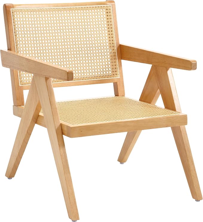 Westice Rattan Accent Chairs 1PC, Mid-Century Modern Living Room Chairs with Woven Backrest & Seat, Comfy Armchairs, Wooden Cane Leisure Chairs for Bedroom, Reading, Lounge, Balcony, Natural