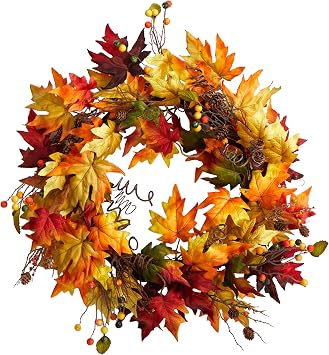 Nearly Natural 24in. Autumn Maple Leaf and Berries Artificial Fall Wreath with Twig Base