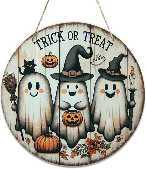 Halloween Door Decoration Round Halloween Door Sign Halloween Front Door Welcome Sign Ghost Pumpkin Door Hanger Vintage Trick or Treat Hanging Sign for Home Kitchen Garden Porch Decor