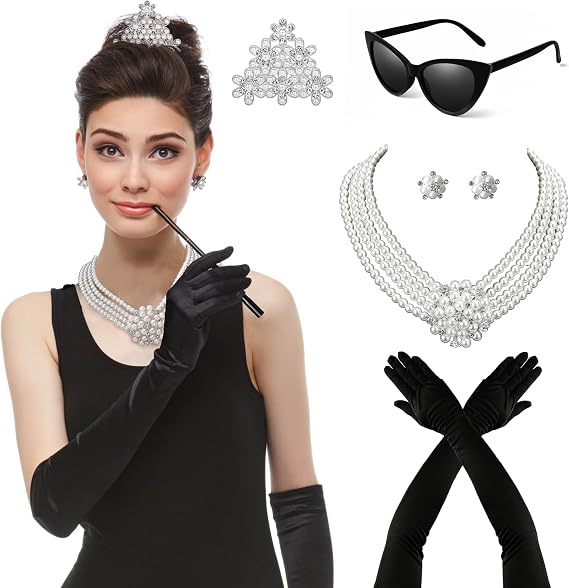 Zivyes Audrey Hepburn Costume Breakfast at Tiffany's Decorations 1920s Accessories Vintage Sunglasses Comb Necklace Earrings