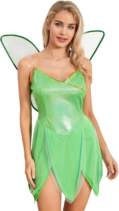 Lizxun Women's Fairy Costume Halloween Cosplay Sexy Green Elf Sequin Short Dress with Wings Fariy Dress up Outfits