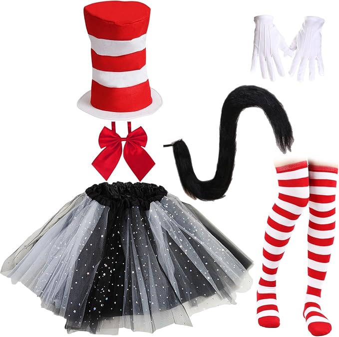 Womens Top Hat Costume Set, Red White Striped Top Hat & Tutu Halloween Spirit Day Cosplay Outfits Accessories (Red Striped)