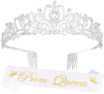 Noonhorse Prom Queen Sash Headbands for Women Tiara & Crown Silver Girls Cosplay Halloween Princess Happy Homecoming Accessories